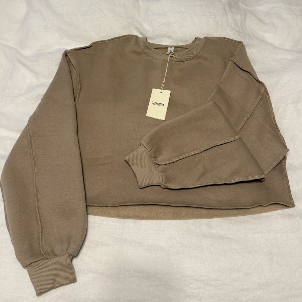 Raw Hem Cropped Sweatshirt - Taupe